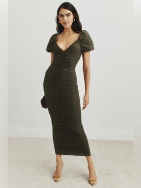 Ronny Kobo Size M Lupine Midi Dress Green Rouched
